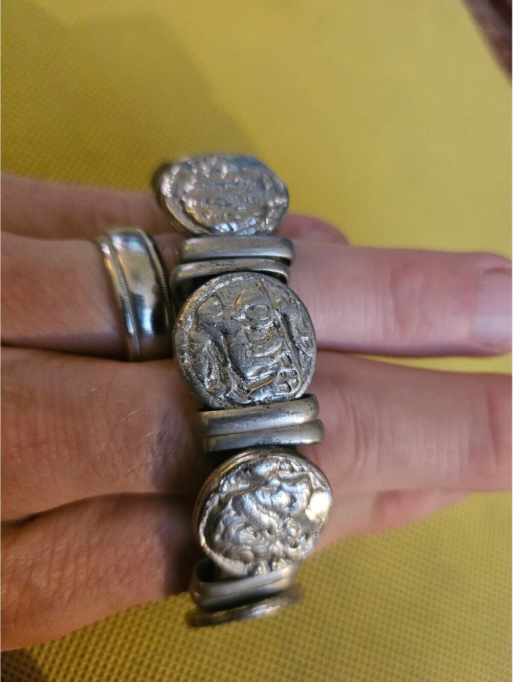 Greek coin design bracelet on 2 size adjustable leather band as-shown EUC